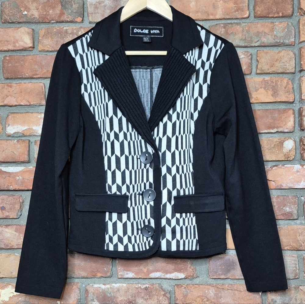 Dolce Vita Geometric Panel Stretch Blazer Jacket Black Cream Checks Size 8